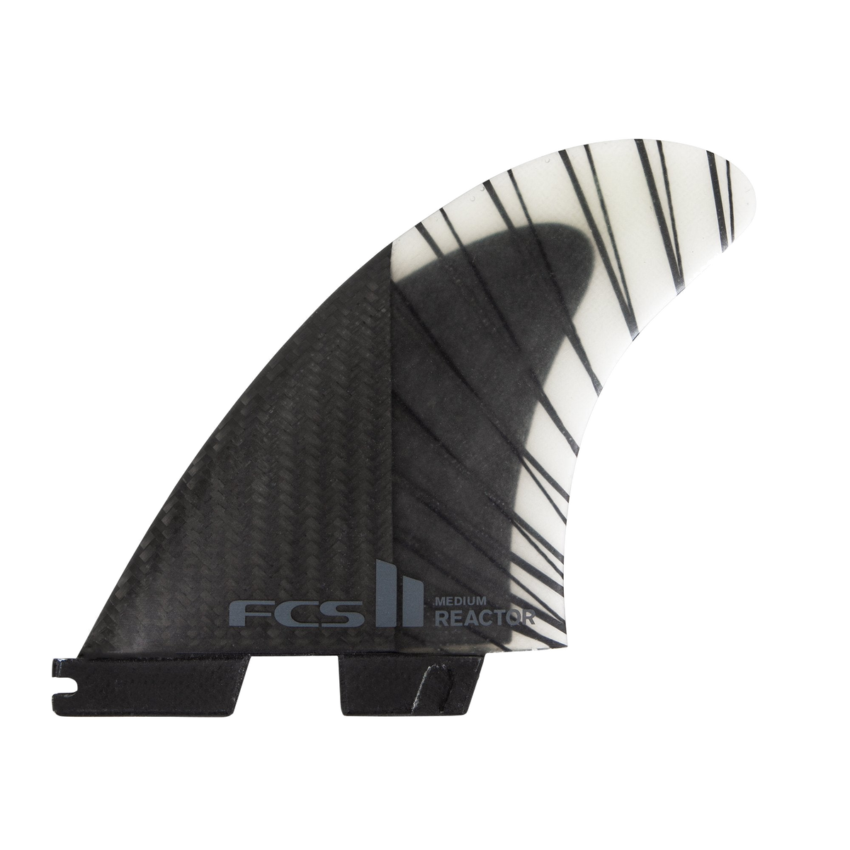 FCS II Reactor Tri Fins - PC Carbon + AirCore: black carbon fin showing diagonal reinforcement through the upper section