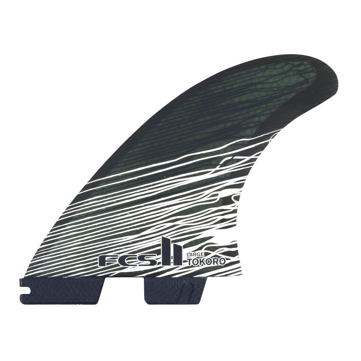 FCS II Tokoro Tri Fins - Performance Core: dark Tokoro fin with white linear artwork and FCS logo
