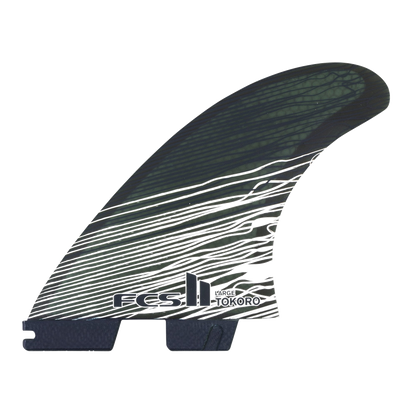 FCS II Tokoro Tri Fins - Performance Core: dark Tokoro fin with white linear artwork and FCS logo