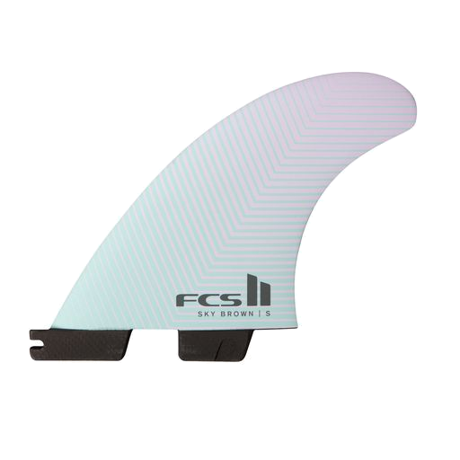 FCS II Sky Brown Tri Fins - Performance Core: seafoam and Lavender fin with a fine geometric line pattern