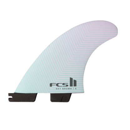 FCS II Sky Brown Tri Fins - Performance Core: seafoam and Lavender fin with a fine geometric line pattern