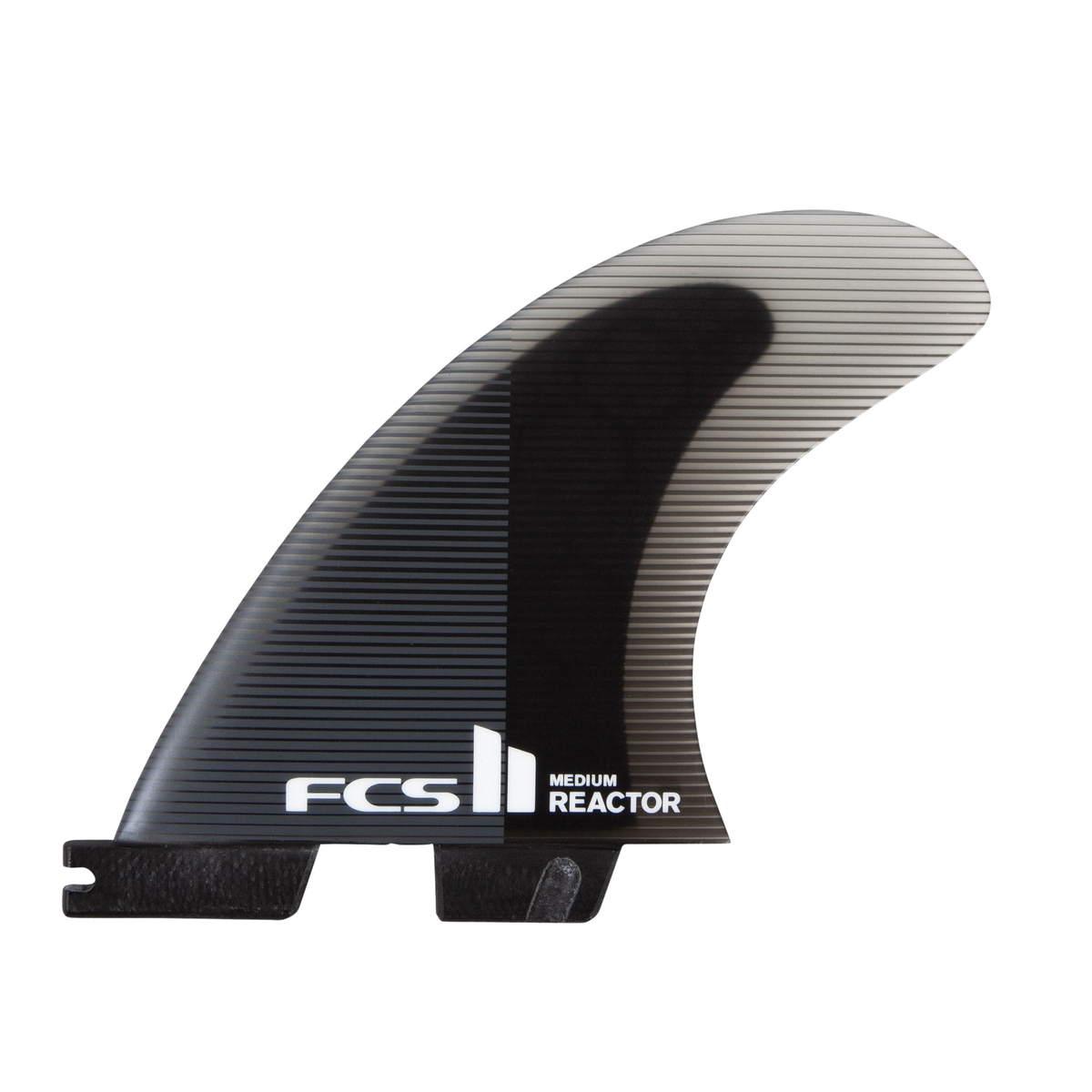 FCS II Reactor Tri Fins - Performance Core: charcoal and black fin with a translucent striped tip