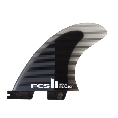 FCS II Reactor Tri Fins - Performance Core: charcoal and black fin with a translucent striped tip