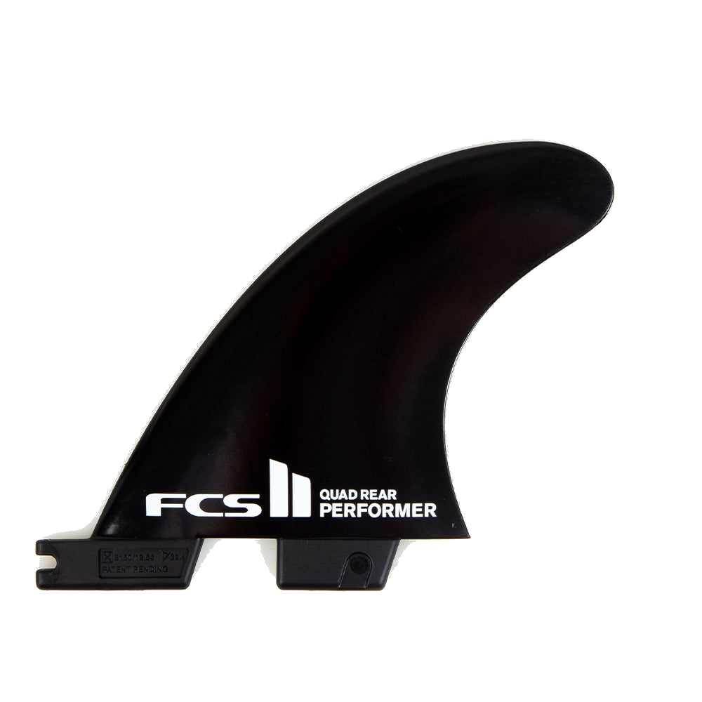 FCS II Performer Quad Rear Fins - Glass Flex: black quad rear fin with white Performer marking