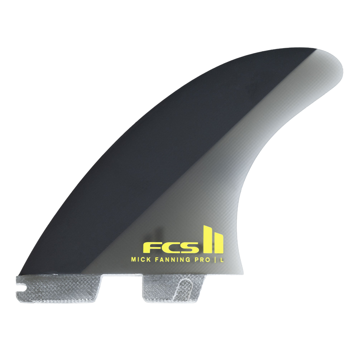 FCS II Mick Fanning PG Pro Tri Fin Set - Performance Glass: black and Acid Mick Fanning fin with yellow FCS lettering