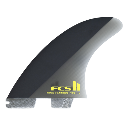 FCS II Mick Fanning PG Pro Tri Fin Set - Performance Glass: black and Acid Mick Fanning fin with yellow FCS lettering