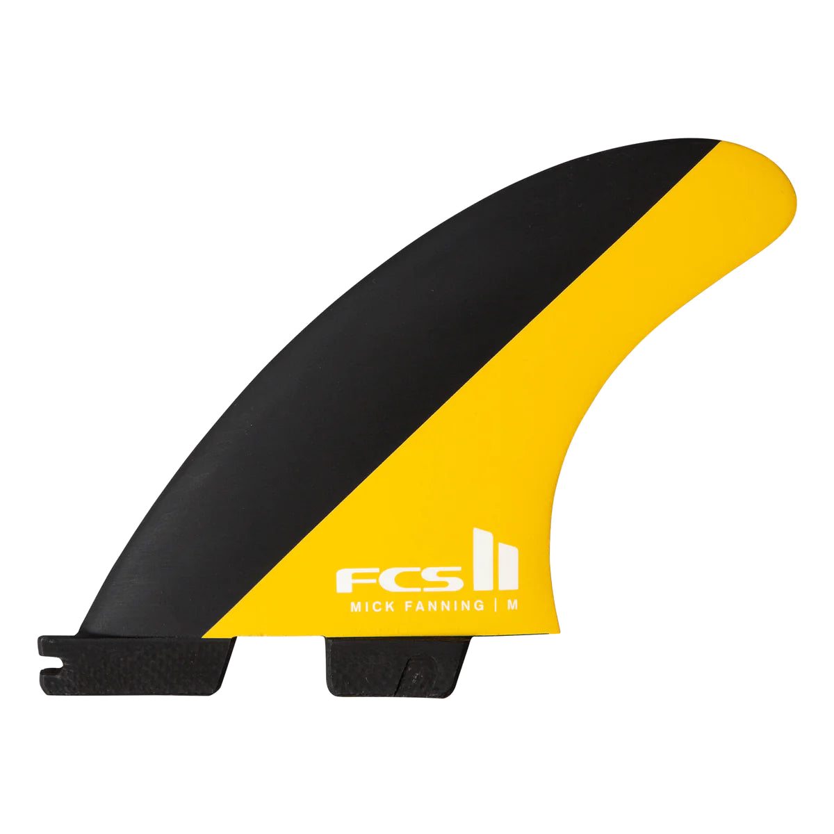 FCS II Mick Fanning Tri Fins - Performance Core: black and Mango fin with white FCS logo on the yellow panel