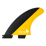 FCS II Mick Fanning Tri Fins - Performance Core: black and Mango fin with white FCS logo on the yellow panel