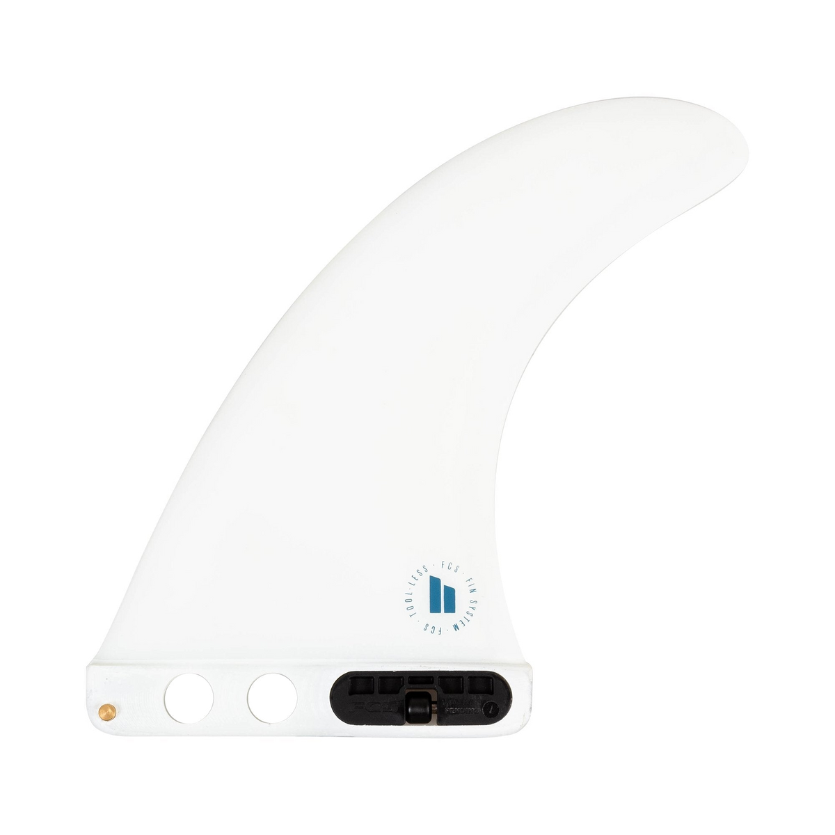 FCS II Skindog Longboard Fin - Performance Core + AirCore: white Skindog longboard fin with blue logo and tool-less base