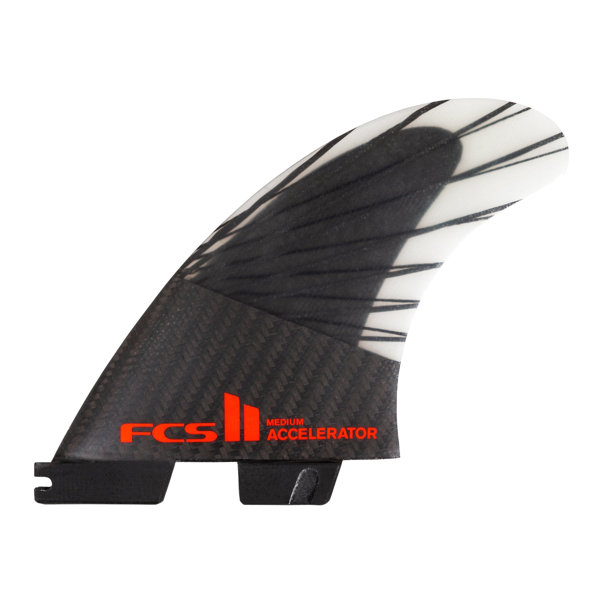 FCS II Accelerator Tri Fins - PC Carbon + AirCore: carbon fin with red Accelerator logo and diagonal framework