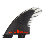 FCS II Accelerator Tri Fins - PC Carbon + AirCore: carbon fin with red Accelerator logo and diagonal framework