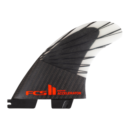 FCS II Accelerator Tri Fins - PC Carbon + AirCore: carbon fin with red Accelerator logo and diagonal framework