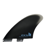 FCS II Performer Split Keel Quad Fins - Performance Glass: black split keel side fin with blue FCS logo