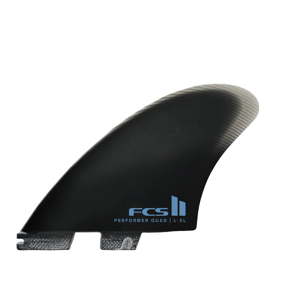 FCS II Performer Split Keel Quad Fins - Performance Glass: black split keel side fin with blue FCS logo