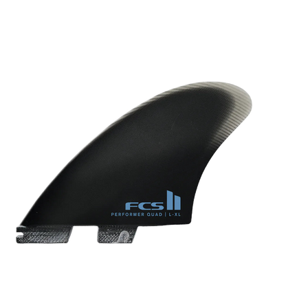 FCS II Performer Split Keel Quad Fins - Performance Glass: black split keel side fin with blue FCS logo