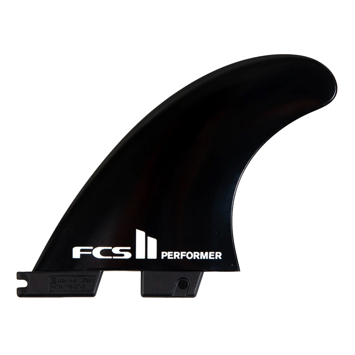 FCS II Performer Tri Fins - Glass Flex: black fin with white Performer lettering and dual tabs
