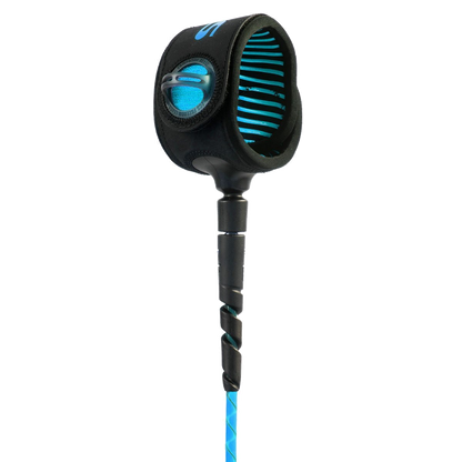 FCS Freedom Helix Leash - All Round: blue front detail and matching blue striped cuff lining