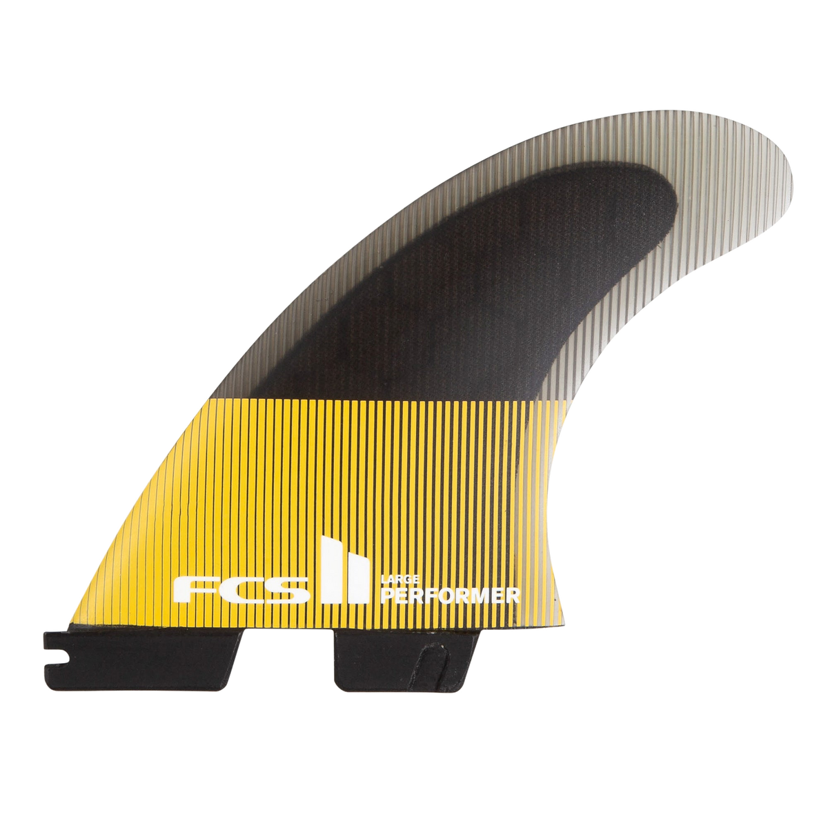 FCS II Performer Tri Fins - Performance Core: mango side fin with yellow stripes and a white Performer logo
