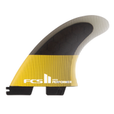 FCS II Performer Tri Fins - Performance Core: mango side fin with yellow stripes and a white Performer logo