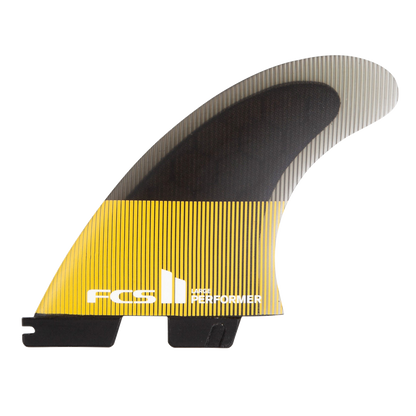 FCS II Performer Tri Fins - Performance Core: mango side fin with yellow stripes and a white Performer logo