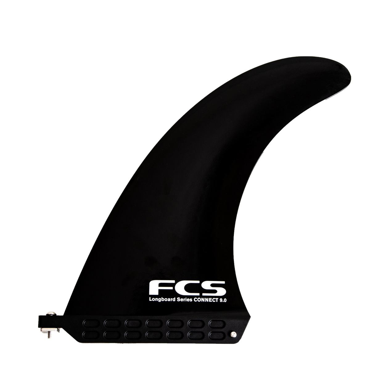 Black FCS Connect Glass Flex longboard fin with moulded base and screw and plate fastening