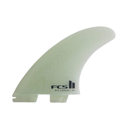 FCS II Mid Carver 2 + 1 Fin Set - Performance Glass: clear Mid Carver fin with FCS lettering