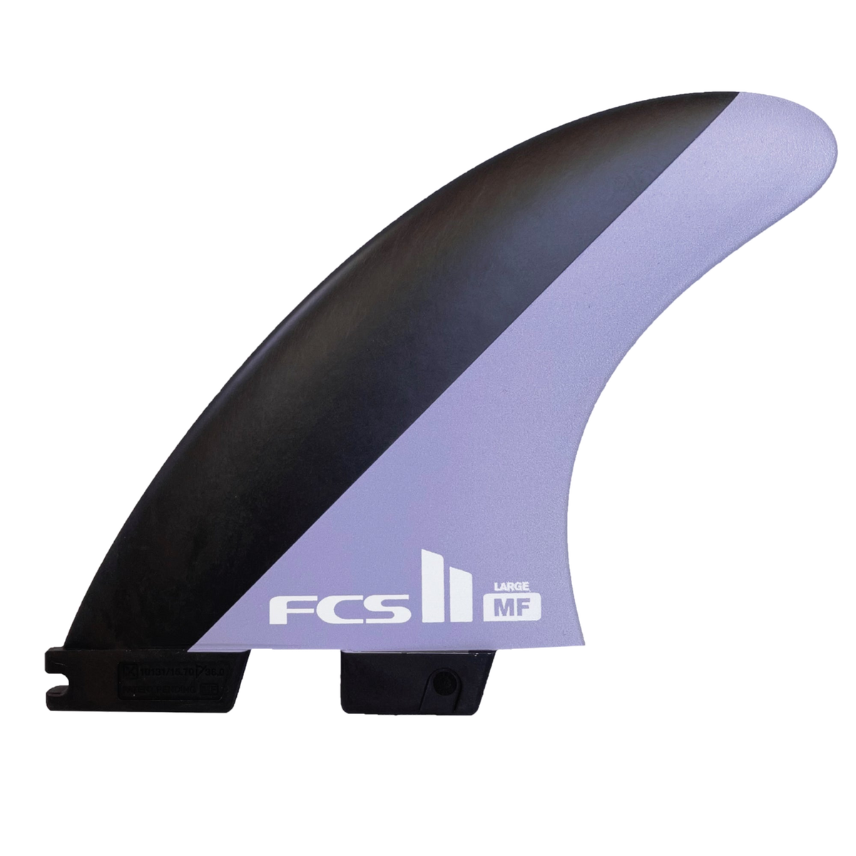 FCS II Mick Fanning Tri Fins - Performance Core: charcoal and Lavender fin with white FCS lettering