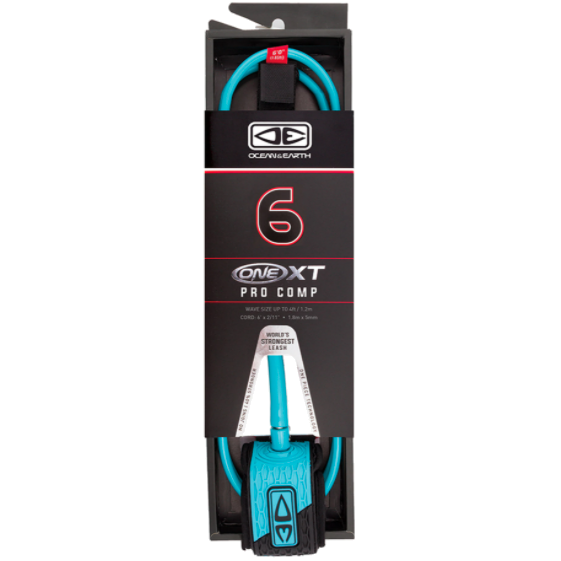 Ocean & Earth One-XT Pro Comp Leash – 6 ft: packaged Pro Comp leash, Blue trim