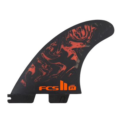 Filipe Toledo FCS II front face with red artwork on a black fin
