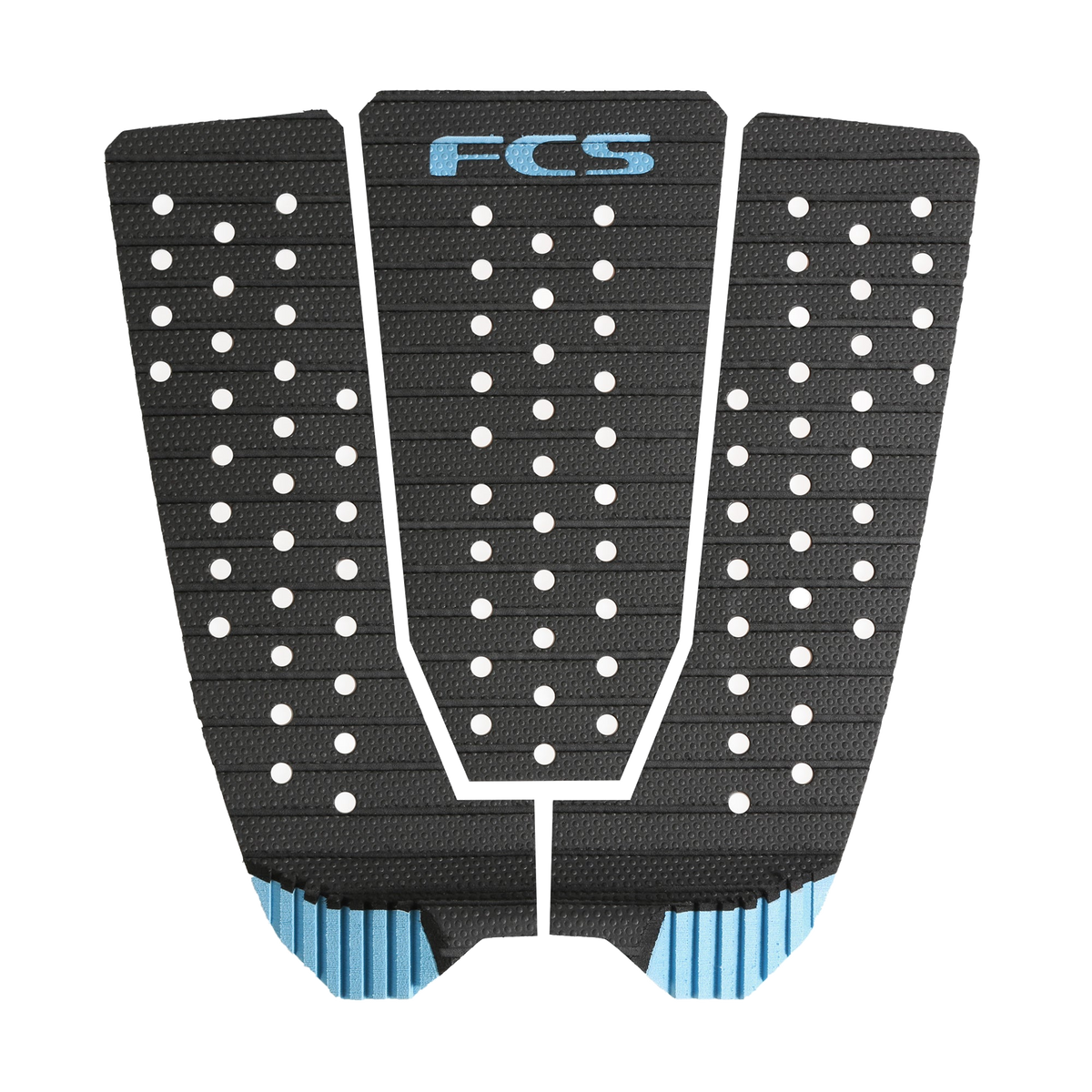 FCS Kolohe Andino Treadlite Traction: black and Tranquil Blue pad with a striped blue tail kick
