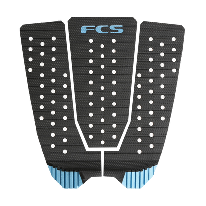 FCS Kolohe Andino Treadlite Traction: black and Tranquil Blue pad with a striped blue tail kick