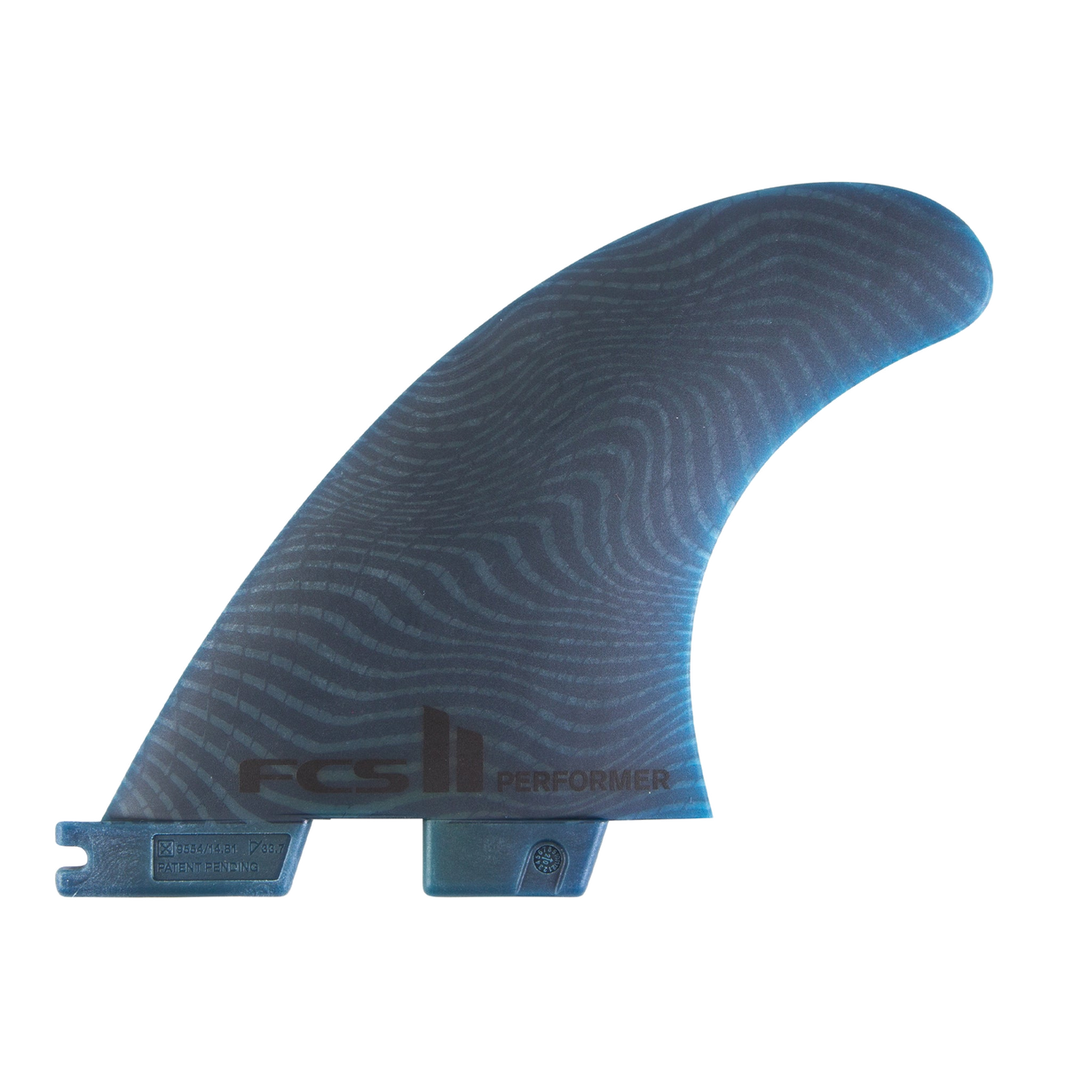 FCS II Performer Tri Fins - Eco Neo Glass: pacific blue fin with a flowing wave pattern