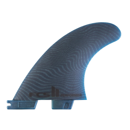 FCS II Performer Tri Fins - Eco Neo Glass: pacific blue fin with a flowing wave pattern