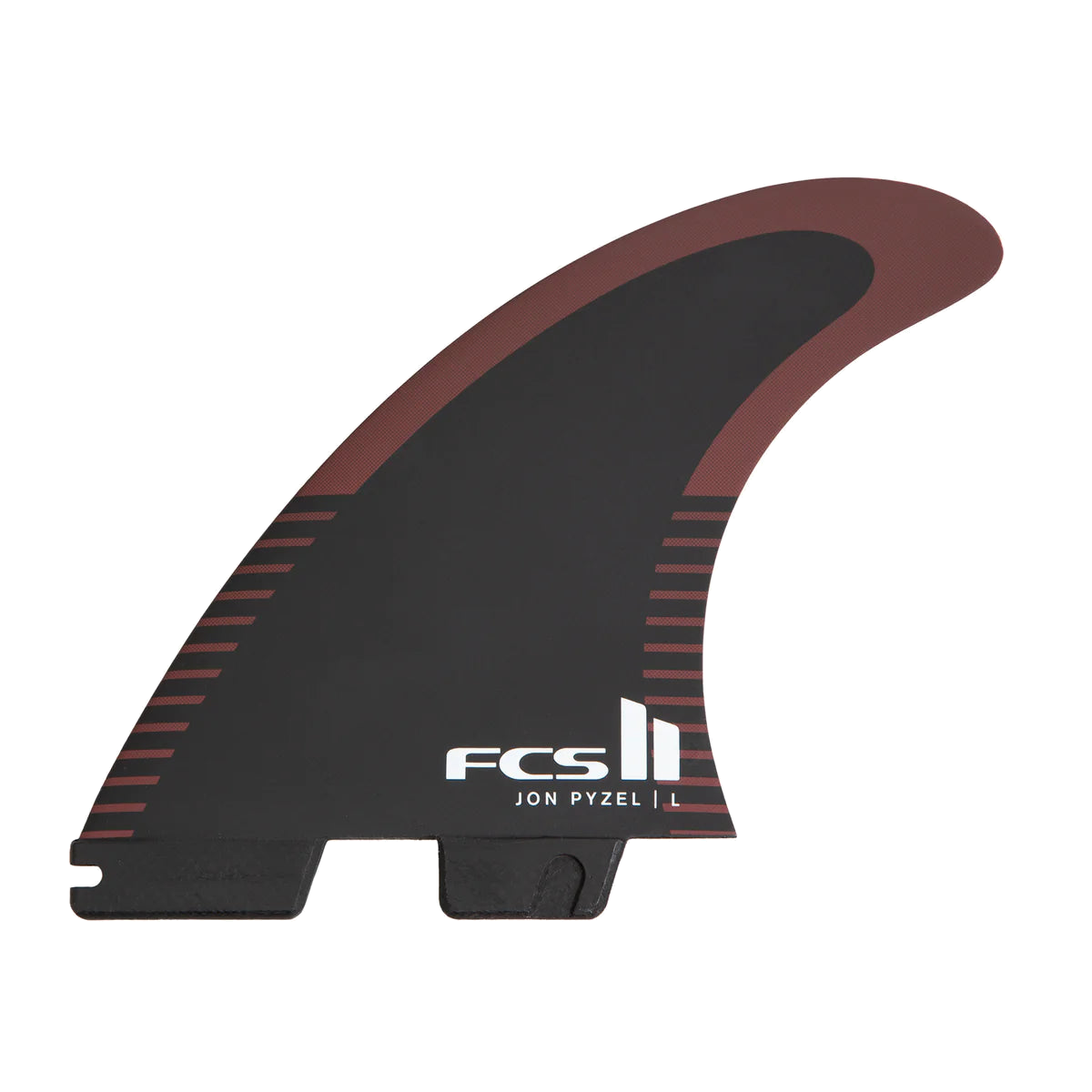 FCS II Pyzel Tri Fins - Performance Core + AirCore: black and Shiraz fin with a red outline and white FCS logo