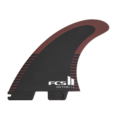 FCS II Pyzel Tri Fins - Performance Core + AirCore: black and Shiraz fin with a red outline and white FCS logo