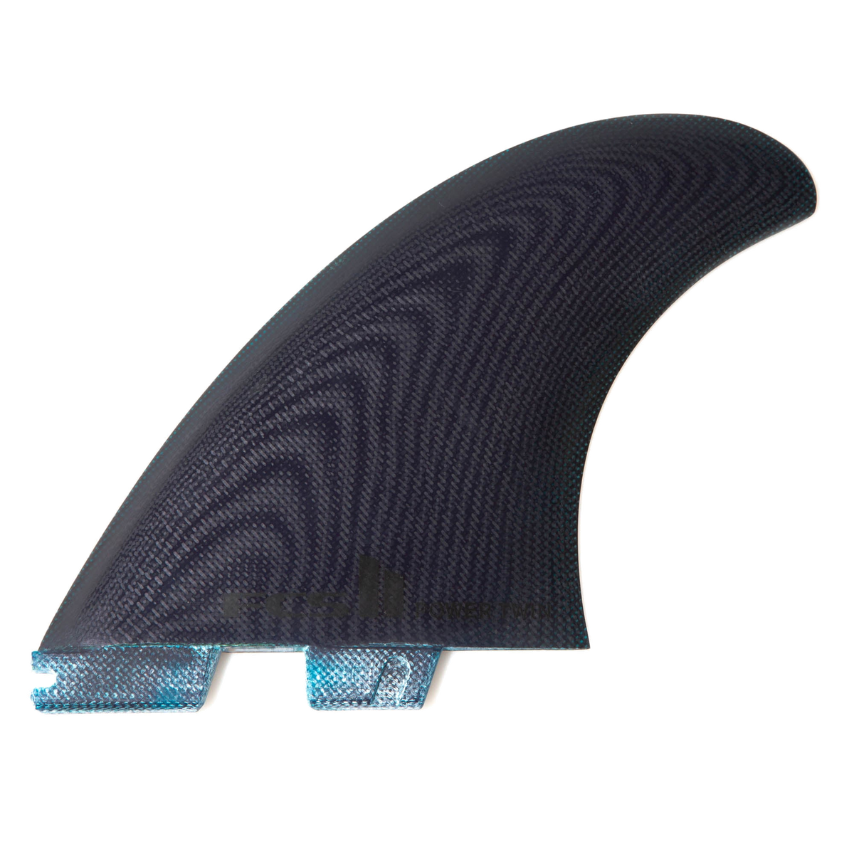 FCS II Power Twin Fin Set - Performance Glass: black Power Twin fin showing a subtle wave pattern