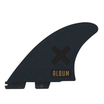 FCS II Album Keel Twin Fin Set - Performance Glass: reverse black keel with Album cross artwork