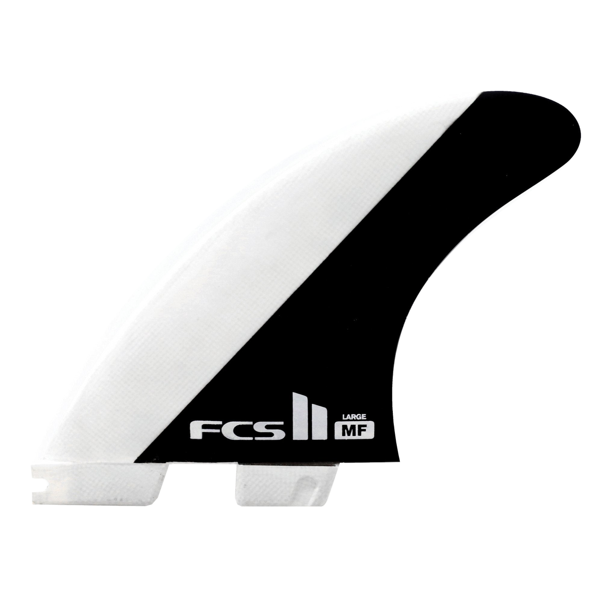 FCS II Mick Fanning Tri Fins - Performance Core: black and White fin with a diagonal black panel