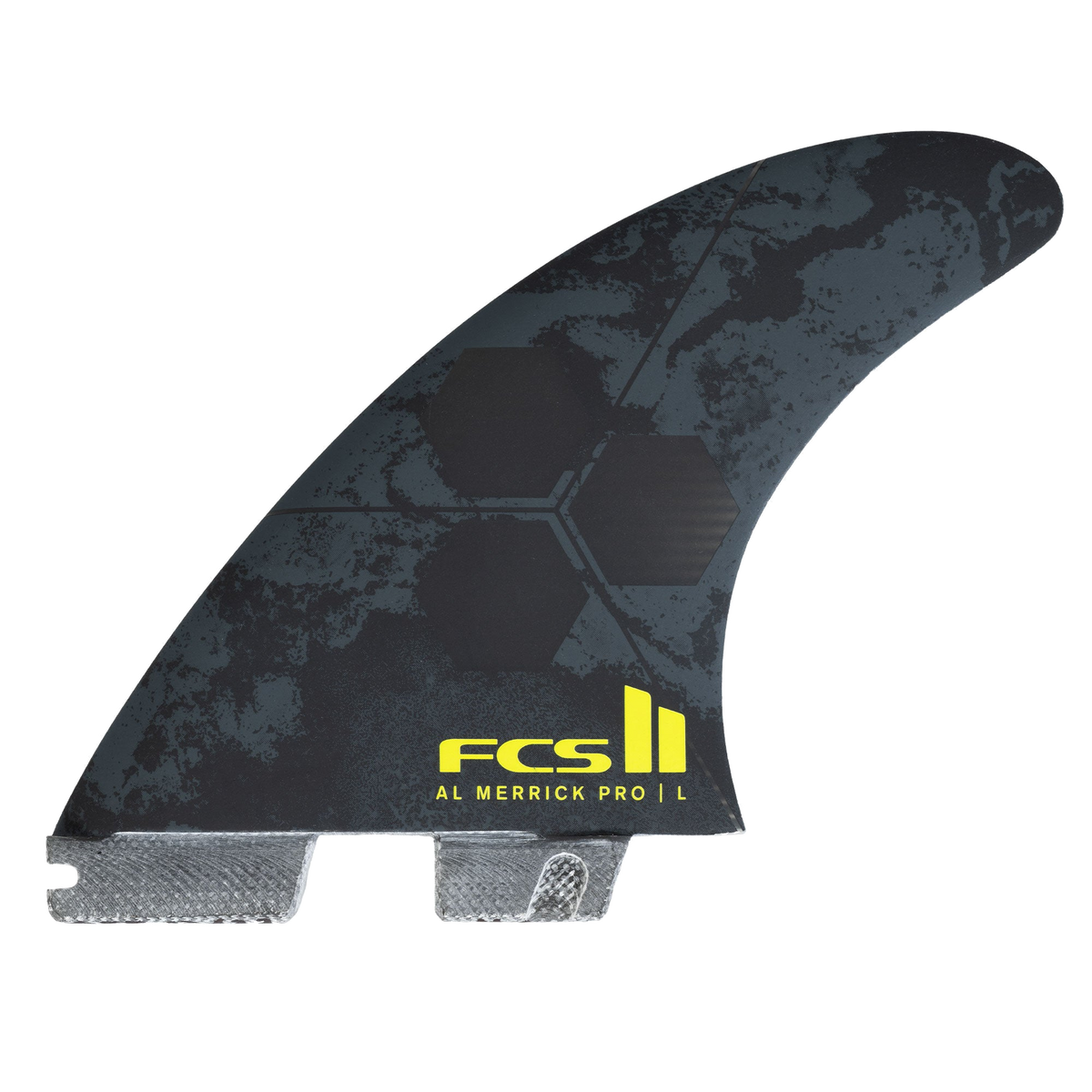 FCS II Al Merrick PG Pro Tri Fin Set - Performance Glass: black and Acid Al Merrick side fin with dark artwork