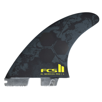 FCS II Al Merrick PG Pro Tri Fin Set - Performance Glass: black and Acid Al Merrick side fin with dark artwork