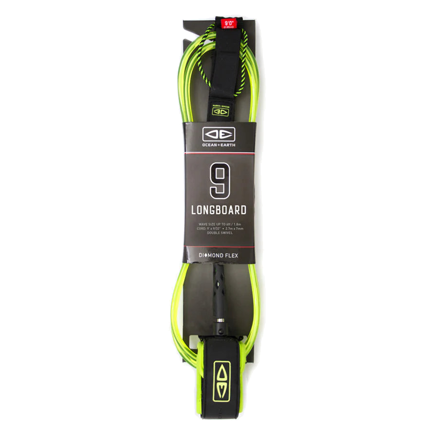 Ocean & Earth Diamond Flex Longboard Regular Leash – 9 ft: Lime packaged longboard leash