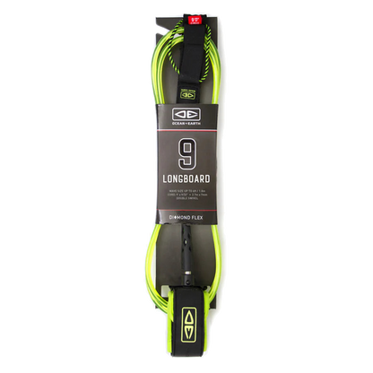 Ocean & Earth Diamond Flex Longboard Regular Leash – 9 ft: Lime packaged longboard leash
