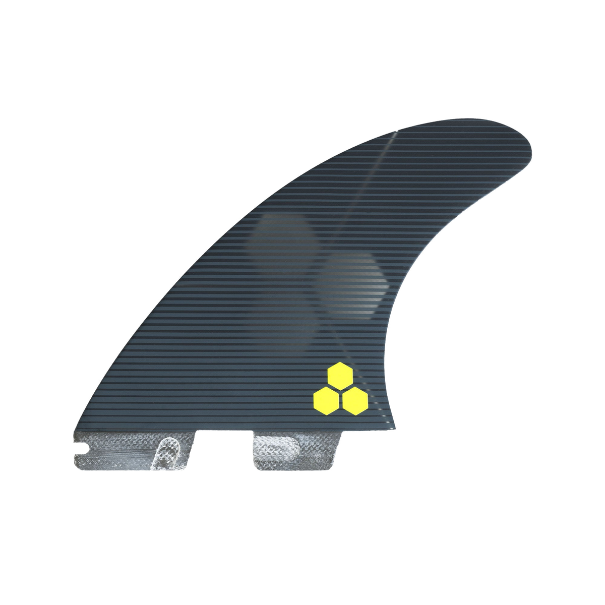 FCS II Al Merrick PG Pro Tri Fin Set - Performance Glass: smaller centre fin with yellow Channel Islands logo