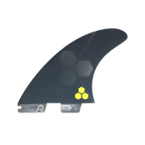 FCS II Al Merrick PG Pro Tri Fin Set - Performance Glass: smaller centre fin with yellow Channel Islands logo