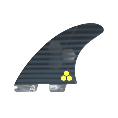 FCS II Al Merrick PG Pro Tri Fin Set - Performance Glass: smaller centre fin with yellow Channel Islands logo