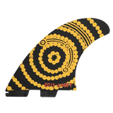 FCS II Otis Carey Twin + Stabiliser Fins - Performance Glass: black fin with yellow Otis Carey dot artwork