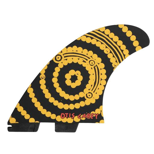 FCS II Otis Carey Twin + Stabiliser Fins - Performance Glass: black fin with yellow Otis Carey dot artwork
