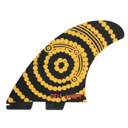 FCS II Otis Carey Twin + Stabiliser Fins - Performance Glass: black fin with yellow Otis Carey dot artwork