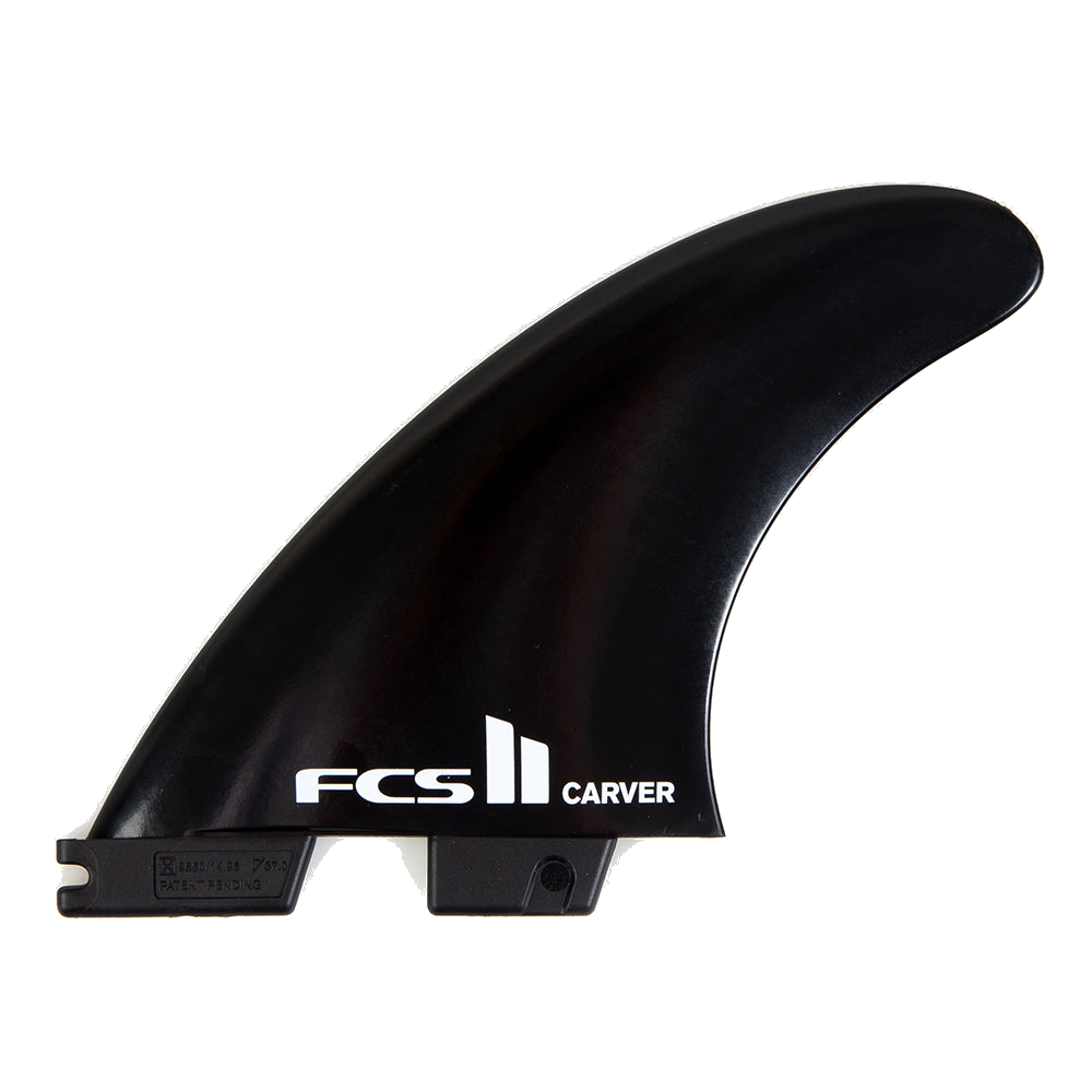 FCS II Carver Tri Fins - Glass Flex: black swept fin with white Carver logo near the base