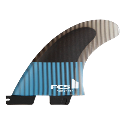FCS II Performer Tri Fins - Performance Core: tranquil Blue side fin with a striped blue base and translucent tip